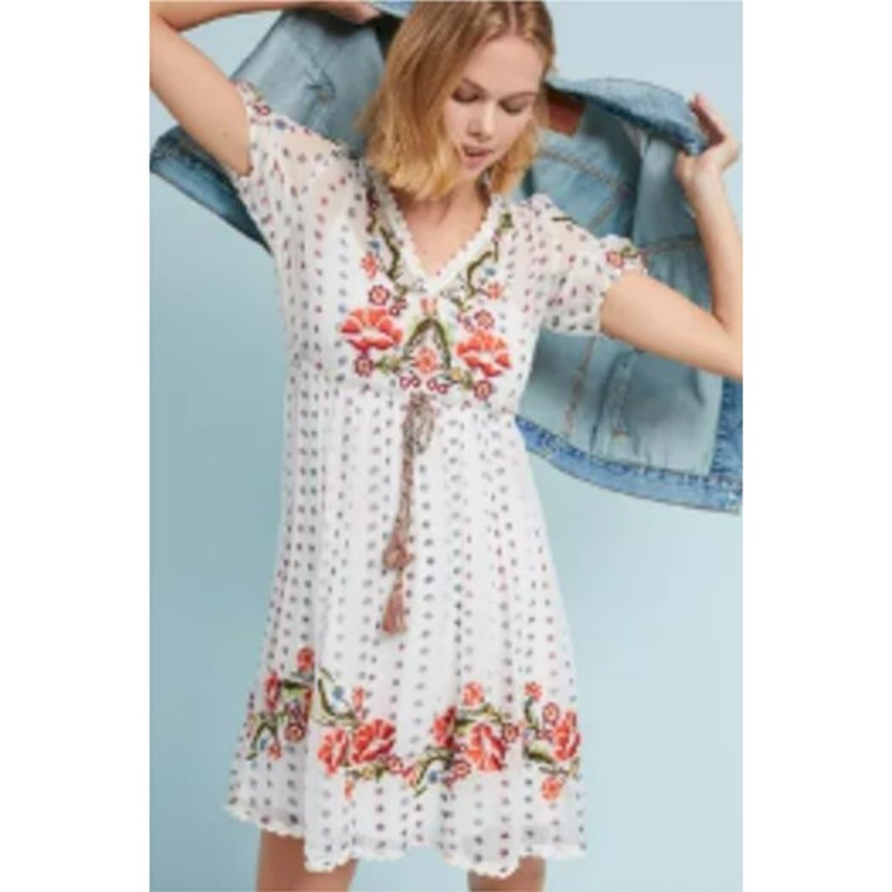 Anthropologie Meadow Rue Johanna Joanna White Embroidered Floral Dress Maeve
